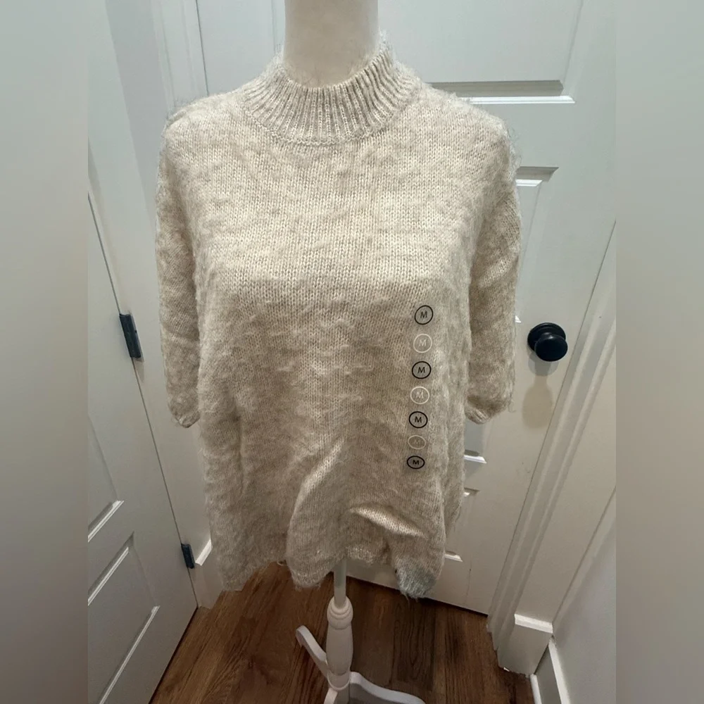 NWT. Koton. Fuzzy Short Sleeve Mock Neck Sweater. Heather Oatmeal. Size Medium.